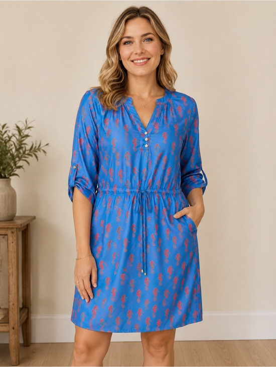Britt Ryan Dresses & Skirts - Britt Ryan Bright Blue Seahorse Print Drawstring Shirt Dress - Size 6